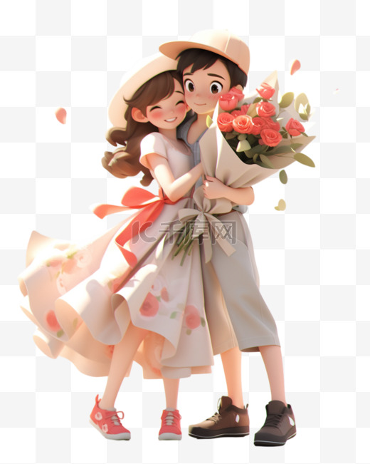 七夕节情人节3D立体人物甜蜜拥抱的小情侣图片
