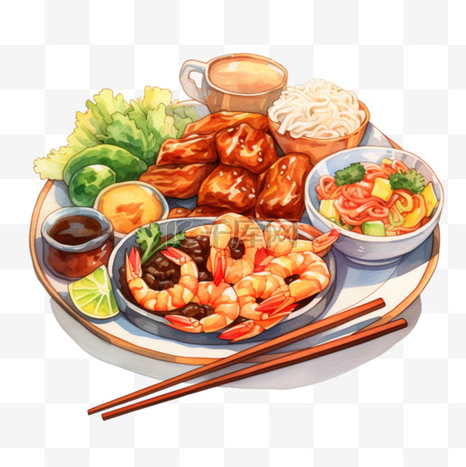 水彩风格中餐鲜虾小吃食物拼盘图片