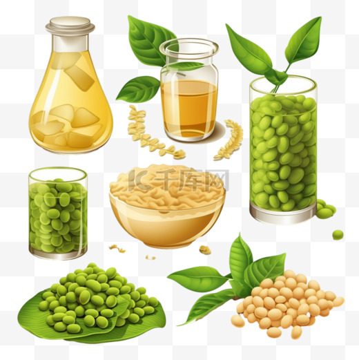 一套大豆食品，带有成熟的豆子和白色隔离的绿叶图片