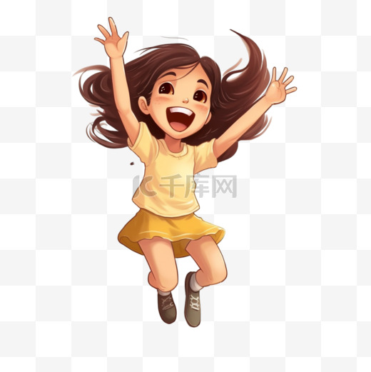 女孩跳跃和微笑卡通艺术插图图片