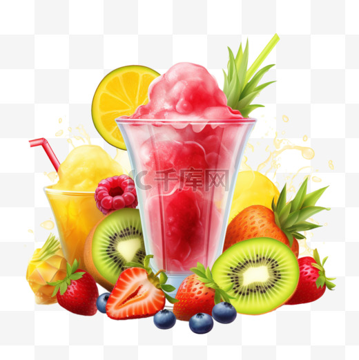 夏日冰雪海报，带有草莓、芒果和苏打水的味道，水果和配料清爽图片