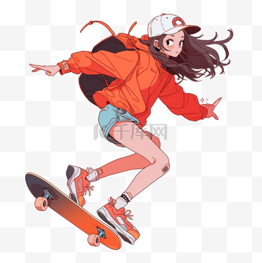 女孩卡通滑板运动手绘元素图片