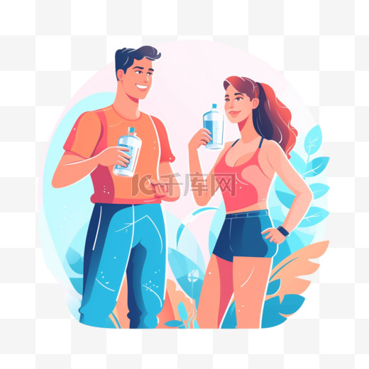 女人男人喝水健康饮食口渴热水夏季运动插图矢量剪贴画图片
