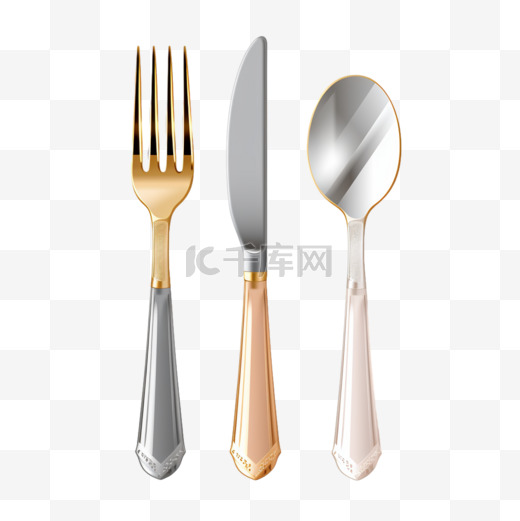 3D餐具，金色和银色的叉子，刀子和勺子。银器和金器，餐饮豪华金属餐具，透明背景下的顶视，逼真的插图图片