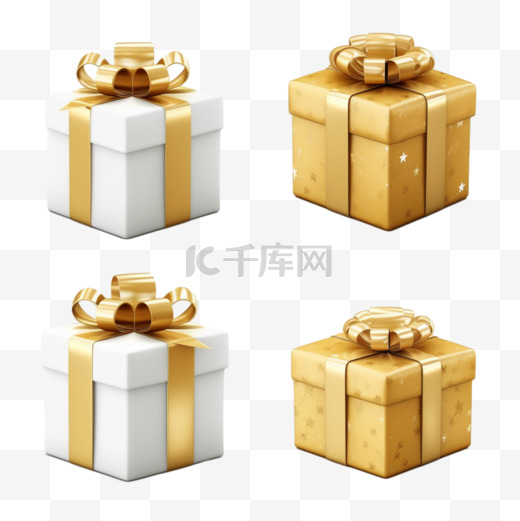 一套逼真的3d渲染礼盒，带金色缎带蝴蝶结图片