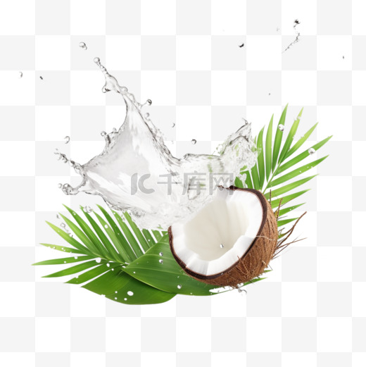 椰奶飞溅，棕榈叶波克背景。图片