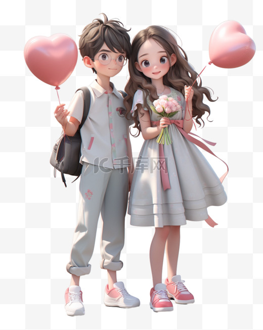七夕节情人节3D立体人物手拿气球的情侣图片