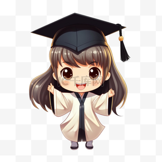 快乐可爱的小女孩kawaii孩子在毕业典礼上穿着毕业礼服和帽子手绘卡通人物插图图片
