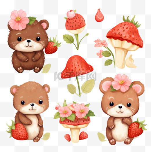 一套可爱的插图与一只熊猫蘑菇草莓云和花图片