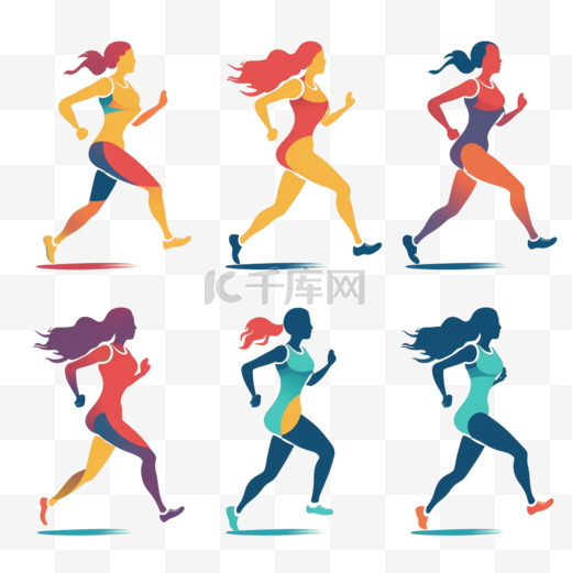 不同的复古跑步平面标志集。跑步者和运动员慢跑马拉松矢量插图集的彩色剪影。运动俱乐部、积极的生活方式和锻炼图片
