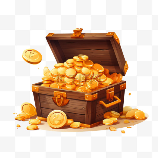 木箱和装有金币的大旧袋子，钱堆隔离。图片