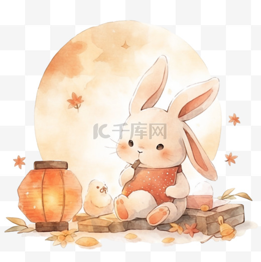 月亮中秋场景卡通兔子月饼手绘元素图片