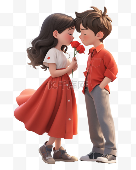 七夕情人节3D卡通立体可爱的红衣情侣图片