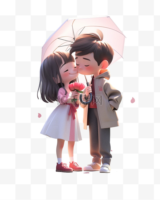 七夕情人节3D卡通立体浪漫可爱撑伞情侣图片