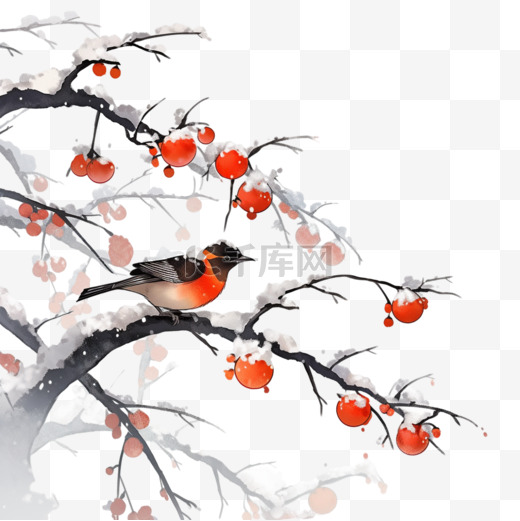 霜降白霜柿子小鸟国画手绘树枝元素图片