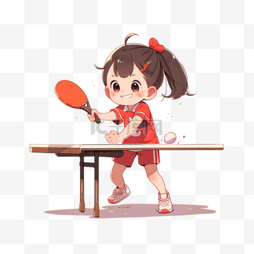亚运会女孩卡通手绘打乒乓球运动元素图片