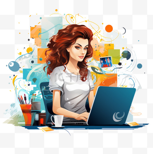 在办公桌前使用平板电脑工作的设计师插画家女孩图片