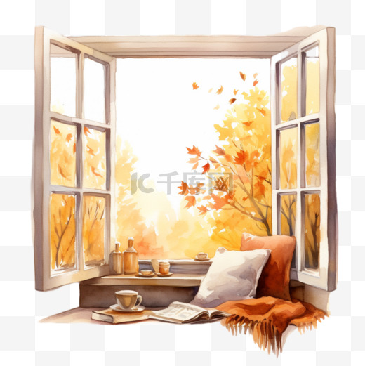 水彩唯美秋天窗台免扣元素图片