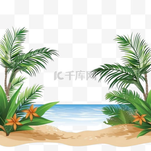 海沙海滩你好，夏天的海滨有棕榈树和热带植物图片