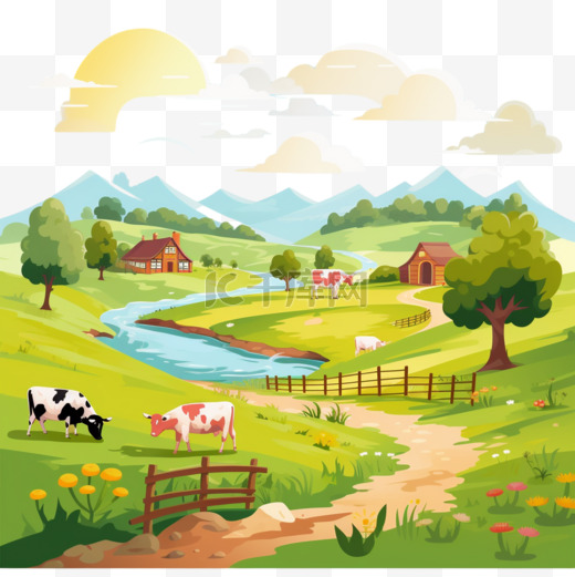 五彩缤纷的农场景观卡通风格图片