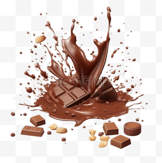 巧克力套装。飞溅物、碎片和巧克力屑、可可豆。3d逼真。食品插图图片