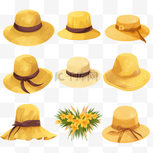 编织草帽矢量插图集。不同款式的宽边黄色帽子，白色背景下孤立的农民服装。时尚、夏季、农业或农业概念图片