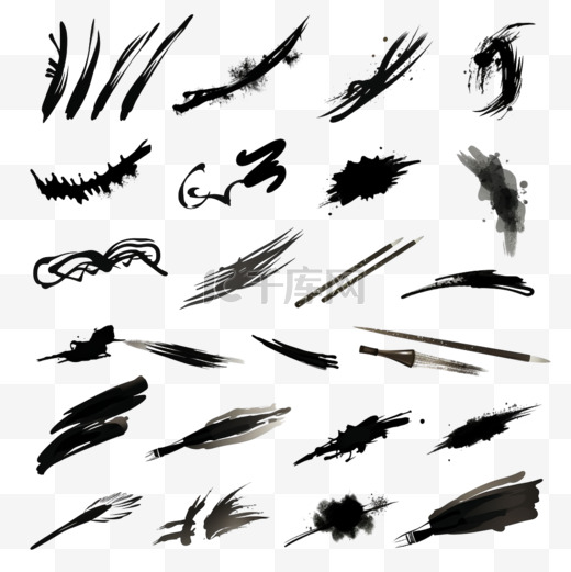 水墨书法以日文或中文符号矢量集为画笔。日本黑色油漆笔触插图图片