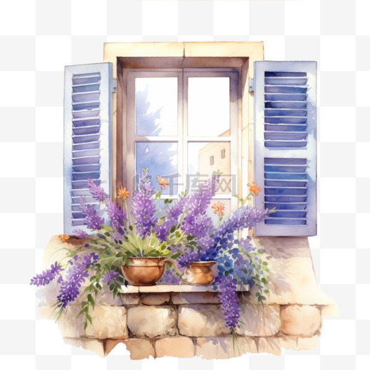 水彩紫色自然鲜花窗台免扣元素图片
