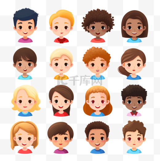 一组儿童面孔，头像，儿童头像，不同国籍的孩子在扁平的风格。图片