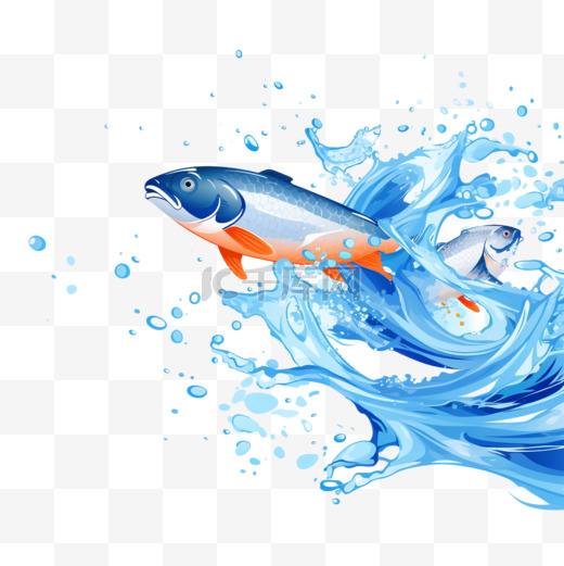 鱼跳出水面，溅起的水花被隔离在白色上图片