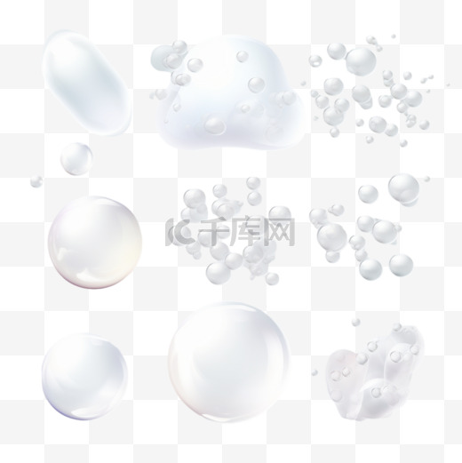 肥皂泡沫和不同形状的泡沫在透明上隔离图片