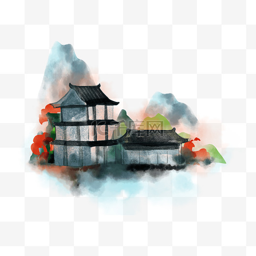 中式水墨建筑塔楼山水水彩风格亭子山水图片