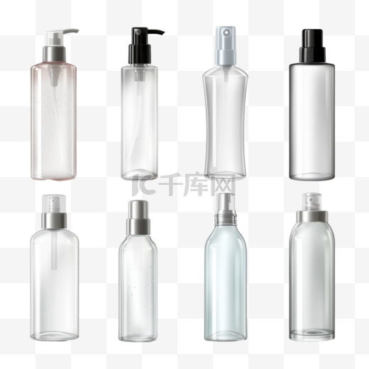 男士化妆品瓶透明逼真图标设置透明背景，用于液体喷雾洗发水或护肤品插图图片