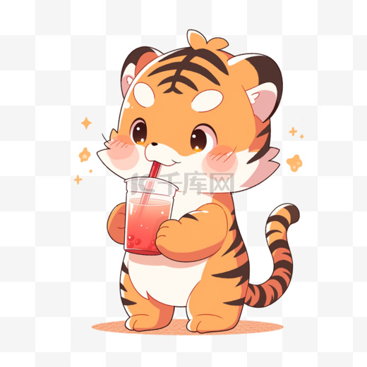 夏季元素可爱的老虎喝着冷饮卡通手绘图片