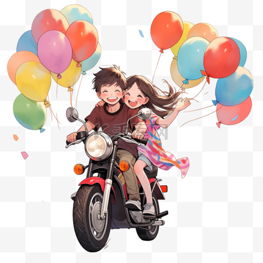 国庆出游摩托车情侣卡通手绘元素图片
