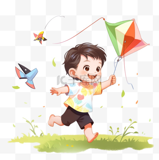 孩子放风筝元素手绘卡通户外玩耍图片