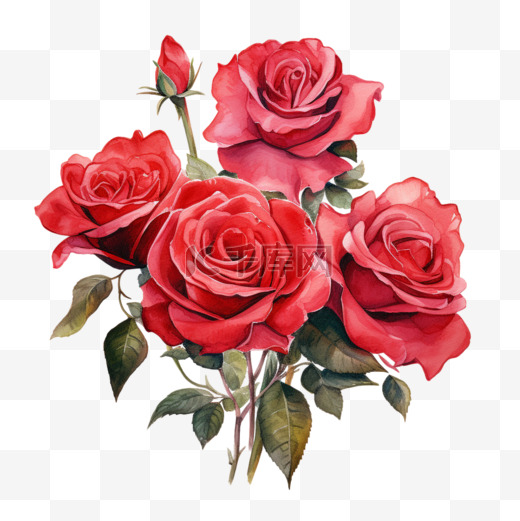 水彩红色玫瑰花束免扣元素图片