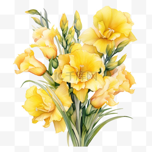 水彩黄色美丽剑兰花花束免扣元素图片