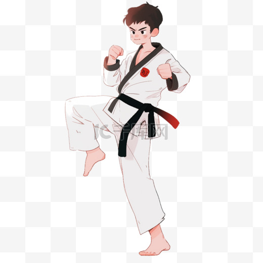 手绘卡通亚运会运动人物一个男子练跆拳道图片