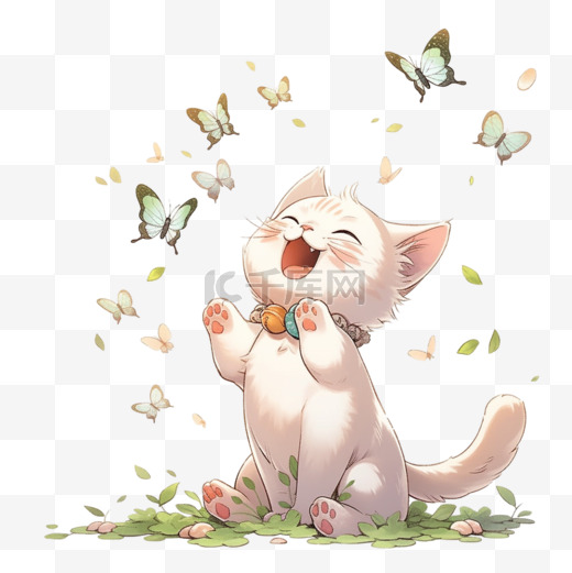 卡通可爱的小猫抓蝴蝶玩耍手绘元素图片