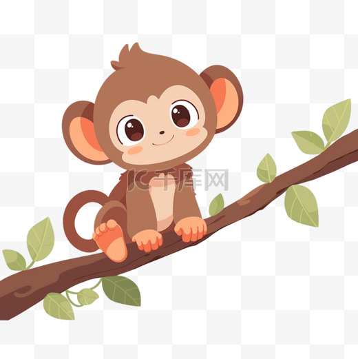 可爱的猴子在树枝上玩耍手绘元素卡通图片