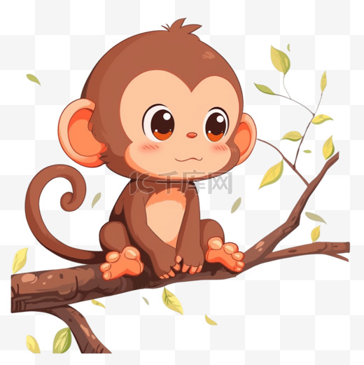 手绘可爱的猴子在树枝上玩耍卡通元素图片