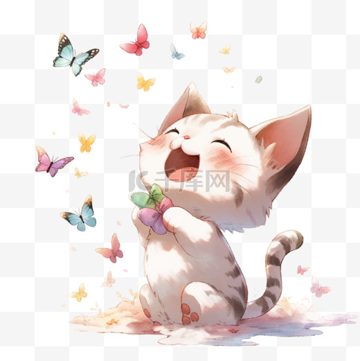 卡通小猫抓蝴蝶玩耍手绘元素图片
