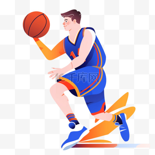 扁平卡通亚运会运动人物一蓝衣男子打篮球图片