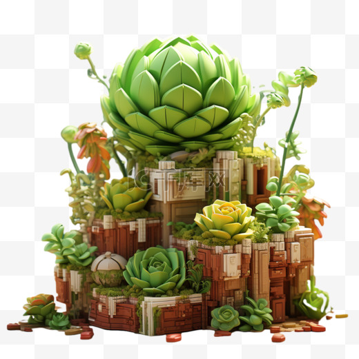 像素艺术多肉植物几何构成积木像素风格图片