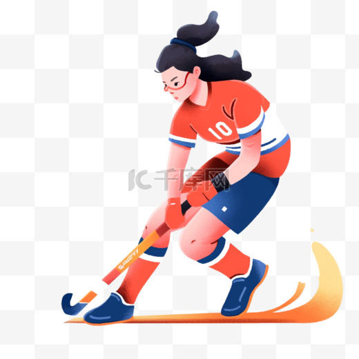 扁平卡通亚运会运动人物红衣女子打曲棍球图片