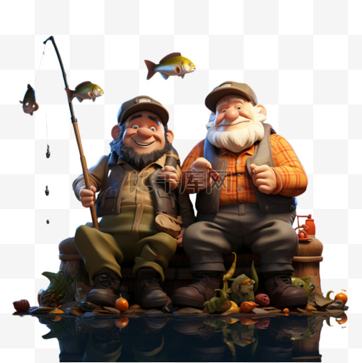 两个钓鱼的人坐着AI元素立体免扣图案图片