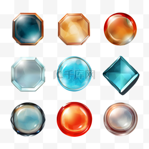 彩色玻璃游戏按钮几何合集元素立体免扣图案图片