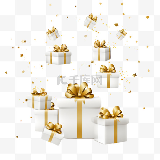 2022年新年快乐，圣诞快乐白色礼盒，白色背景上有金色蝴蝶结和金色亮片五彩纸屑。礼盒忽飞忽落。矢量插图eps10图片
