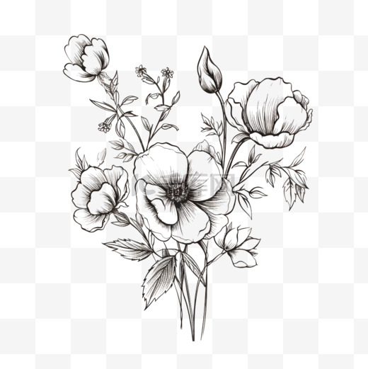 黑白线条简笔画花卉花朵元素立体免扣手绘图片